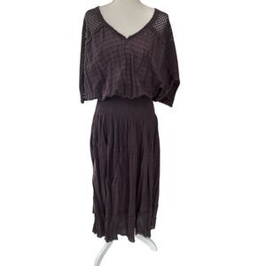 Free People Smocked Smoked Purple Textured Cotton Midi Dress Size Small
